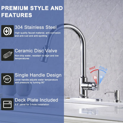 High Arc Single Handle Water Tap Kitchen 3 Modes Spout Faucet for Kitchen Sink Farmhouse RV, Kitchen Faucet with Soap Dispenser