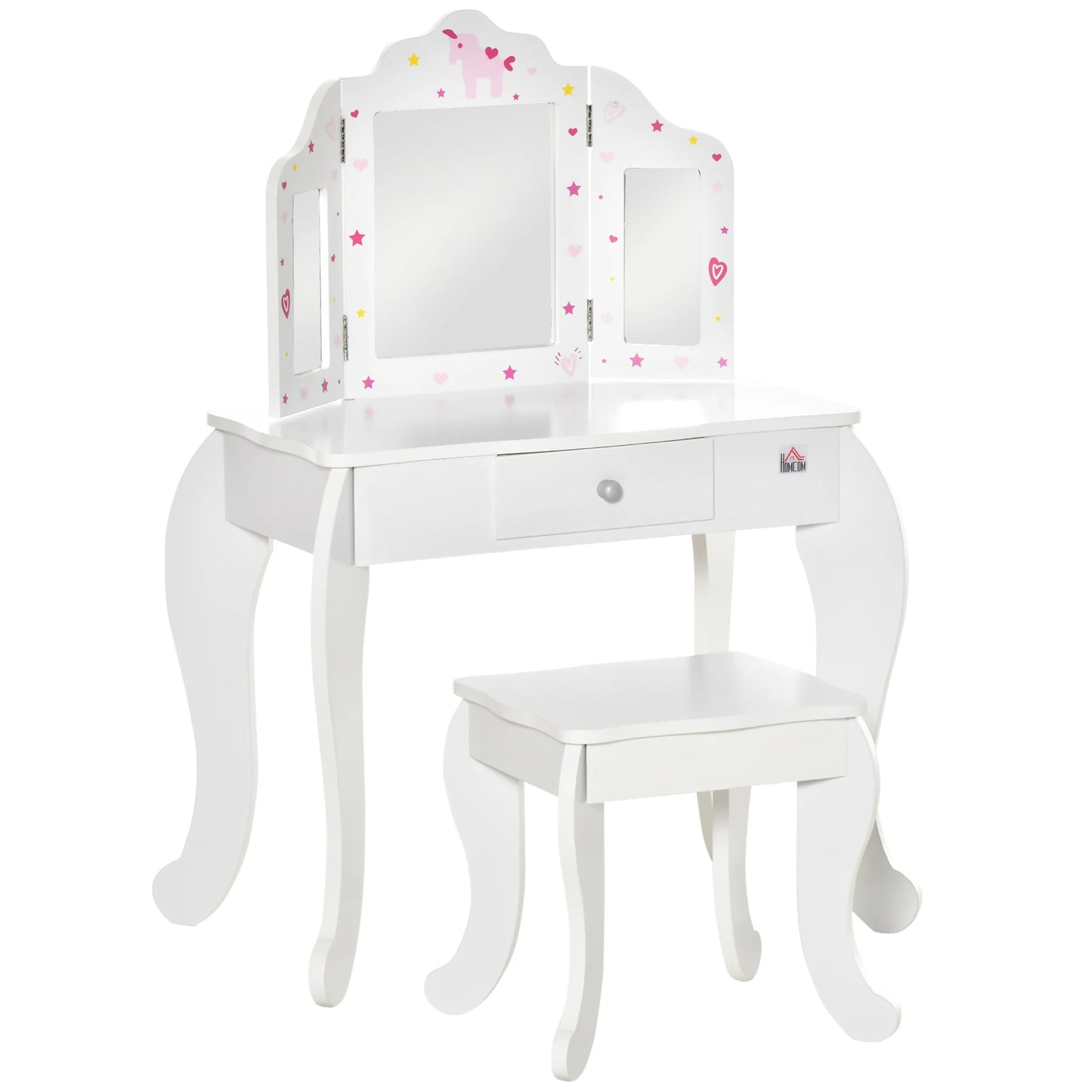 Homcom Wooden Children's Dressing Table with Mirror Stool Drawer Makeup Table Pink