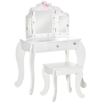 Homcom Wooden Children's Dressing Table with Mirror Stool Drawer Makeup Table Pink