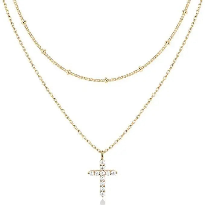 Luxury Hypoallergenic 18K Gold Plated Stainless Steel Double-Layer Micro Inlaid Zircon Cross Necklace with Adjustable Chain
