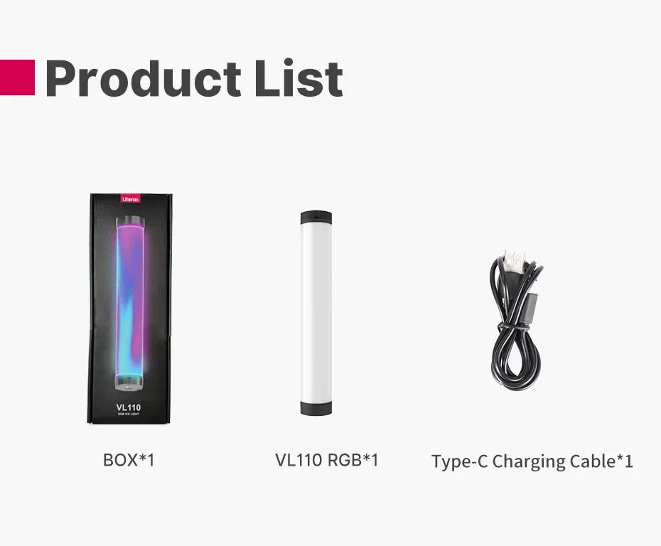 Ulanzi VL110 Handheld RGB Light Tube Stick Video soft Light 2500-9000K LED Photography Stick LED Light Wand Rechargeable