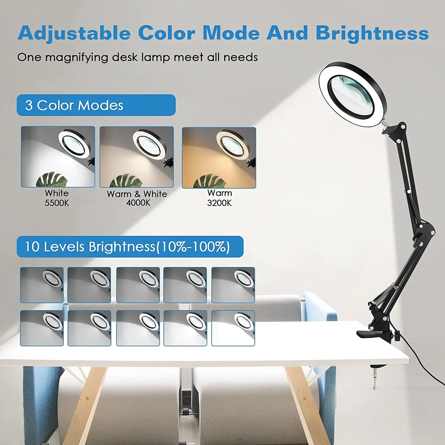 Adjustable Swing Arm LED Magnifier Desk Lamp USB Clip-on Table Lamp Magnifying Glass Light With Clamp Magnifying Lamp