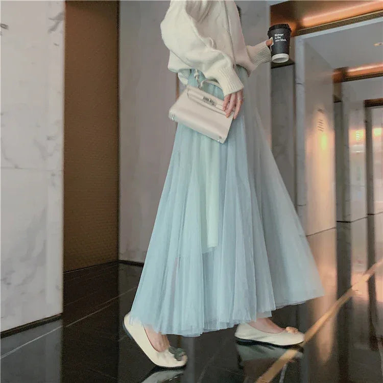 TingYiLi Elegant Tulle Skirt Autumn Winter Big Swing Women Skirt Korean Cute Pink Green Gray Blue Brown Black Long Skirt Tutu