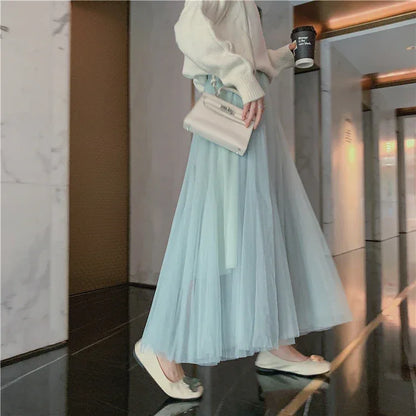TingYiLi Elegant Tulle Skirt Autumn Winter Big Swing Women Skirt Korean Cute Pink Green Gray Blue Brown Black Long Skirt Tutu