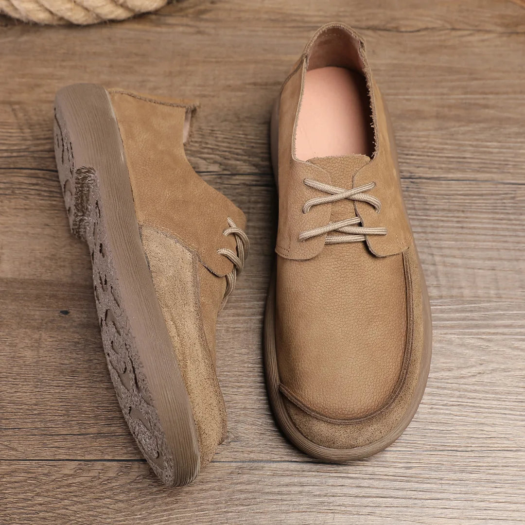 Toe Men's Genuine Leather Shoes Lace-up Breathable Retro Walking Style Casual Rubber Outsole Solid Pattern Cow Leather Upper