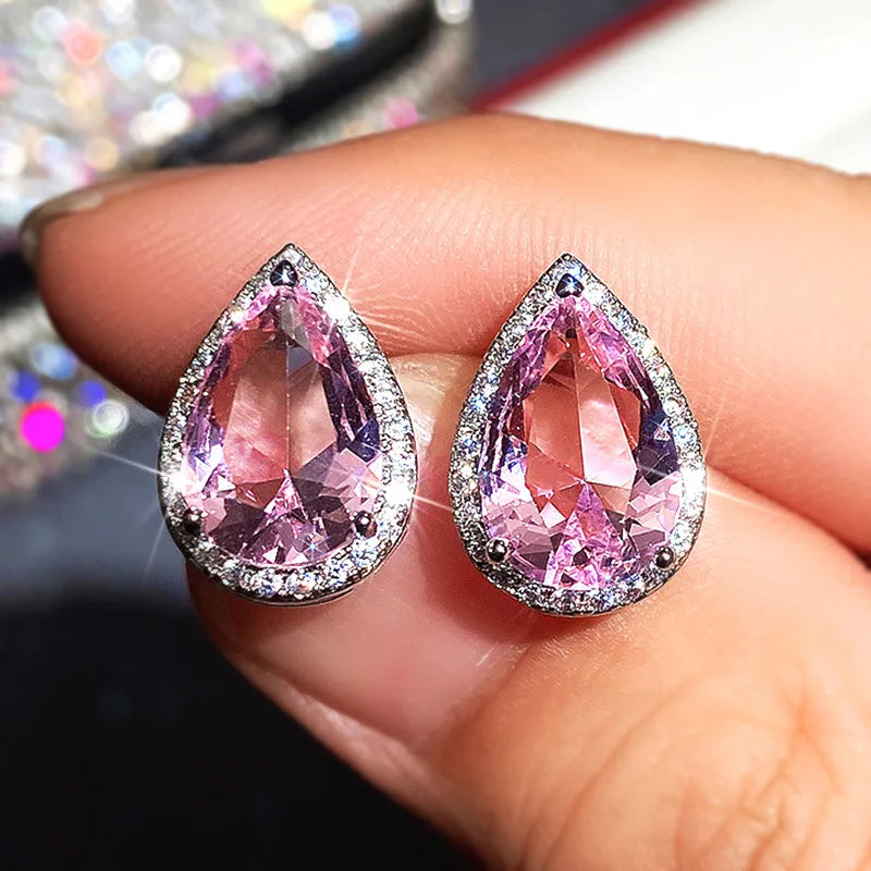 E1301 Pink Pear Cut Stud Earrings With Pink Gemstone Bezel Setting For Women Romantic Party Fashion Jewelry
