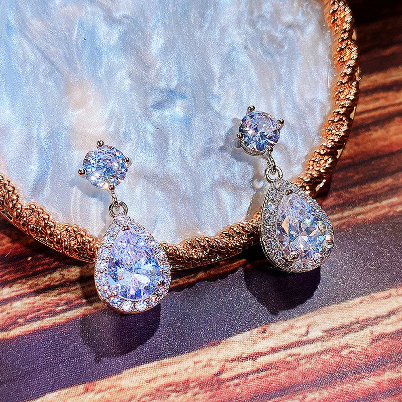 Luxury 925 Silver Water Drop Crystal Earrings Bezel Setting For Women Party Jewelry Blue Diamond Rhinestone Earrings