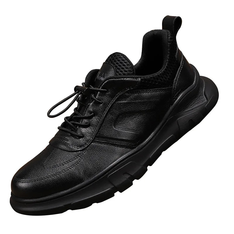 Men Leather Lace-up Casual Shoes Round Toe Breathable Mesh Lining Rubber Outsole EVA Midsole Autumn Fashion Comfortable Walking