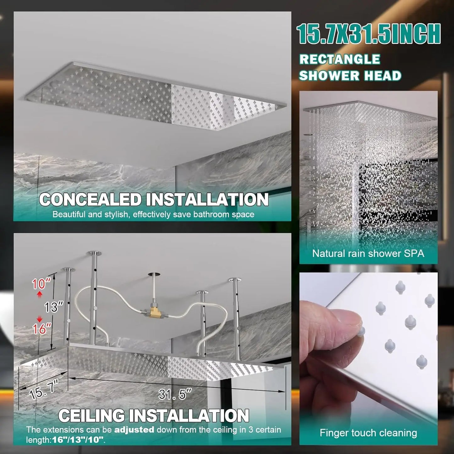 Dual Shower System 15.7x31.5" Rainfall Chrome Rain Shower Handheld Brass 6" Shower Heads Featuring 6pcs Body Jets Soft Spray