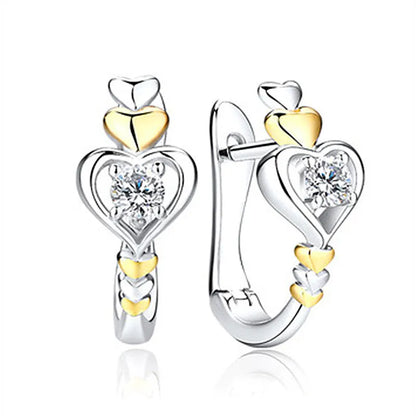 Romantic Two-tone Heart Stud Earrings 925 Silver 18K Gold Plated Round Crystal Rhinestone Wedding Jewelry For Women