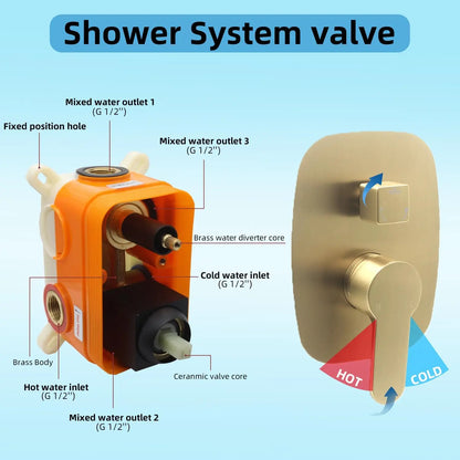 Brushed Gold Concealed Shower Mixer Set 16 Inch Ceiling Mounted Rain Shower System Rainfall Stainless Steel Shower Head