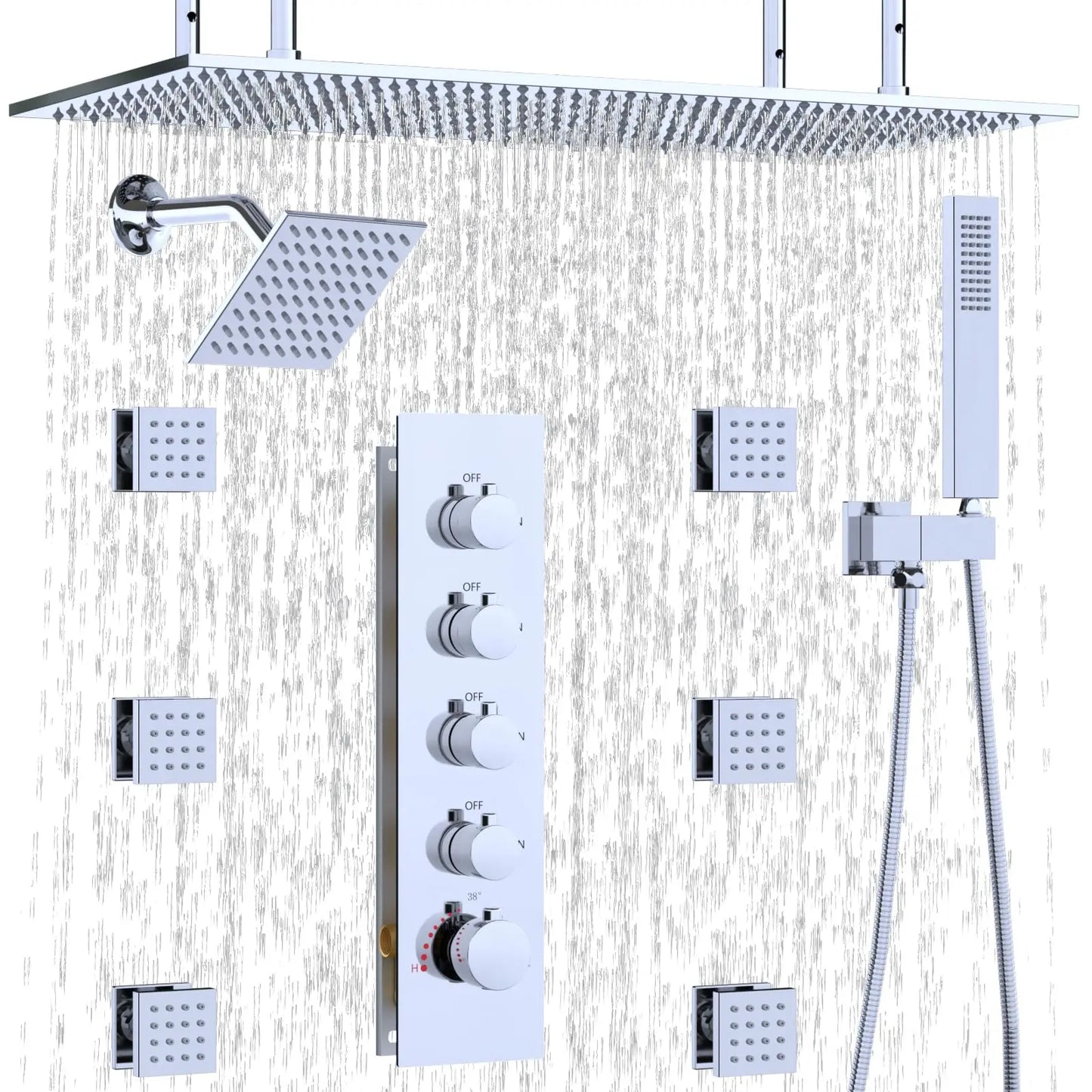 Shower System with Rain Shower and Handheld, 6 Pcs Body Jets with  Rainfall and 6 Pcs Shower Heads