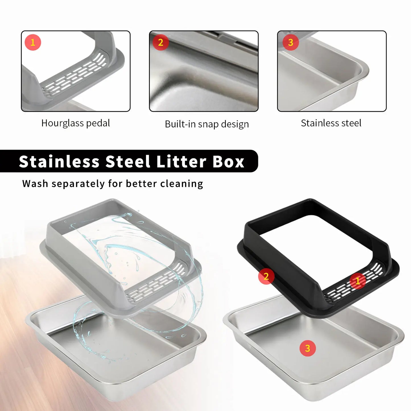 Stainless Steel Semi-closed Rectangular Cat Litter Box with Top-in Lid Anti-splash High Fence Pet Cleaning