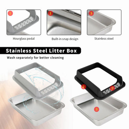 Stainless Steel Semi-closed Rectangular Cat Litter Box with Top-in Lid Anti-splash High Fence Pet Cleaning