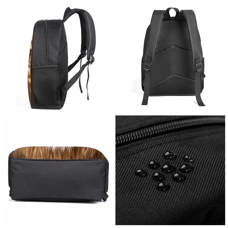 Cool Lion 3D Printed Fashionable 3-Piece Set Backpack Lightweight Adjustable Shoulder Strap Durable PVC Polyester Lining Zipper
