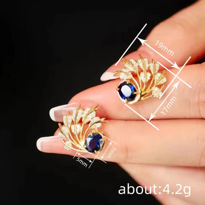 E4723 Golden Stud Earrings With Sapphire And Diamond Plant Design For Women Party Jewelry Classic Style
