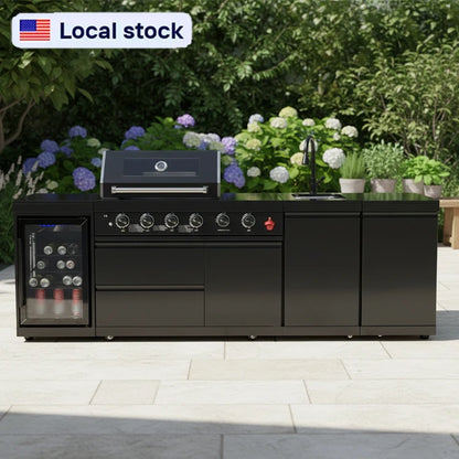 US Overseas Warehouse 304 Stainless Steel Outdoor Kitchen BBQ Island All in One Cooking Station with Fridge & Sink
