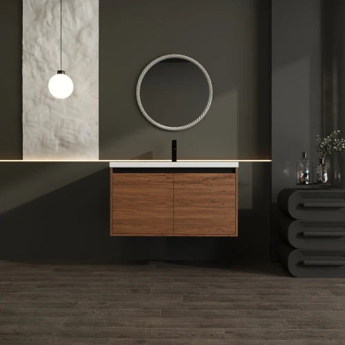 36 Inch Oak Floating Bathroom Vanity Engineered Wood Resin Integrated Sink 2 Doors US Stock Homein