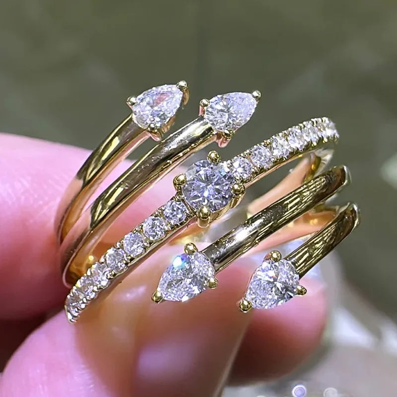 T0024 Women's Diamond Engagement Ring Pear Shape Prong Setting Natural Stone Fashion Rings