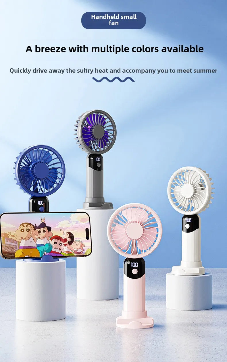 USB Portable 6-Speed Digital Display Fan Mini Handheld Large Wind Silent Desktop Cooling Gift Foldable for Household Car Use