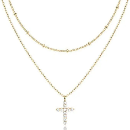 Luxury Hypoallergenic 18K Gold Plated Stainless Steel Double-Layer Micro Inlaid Zircon Cross Necklace with Adjustable Chain