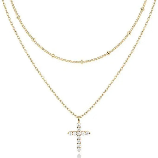 Luxury Hypoallergenic 18K Gold Plated Stainless Steel Double-Layer Micro Inlaid Zircon Cross Necklace with Adjustable Chain