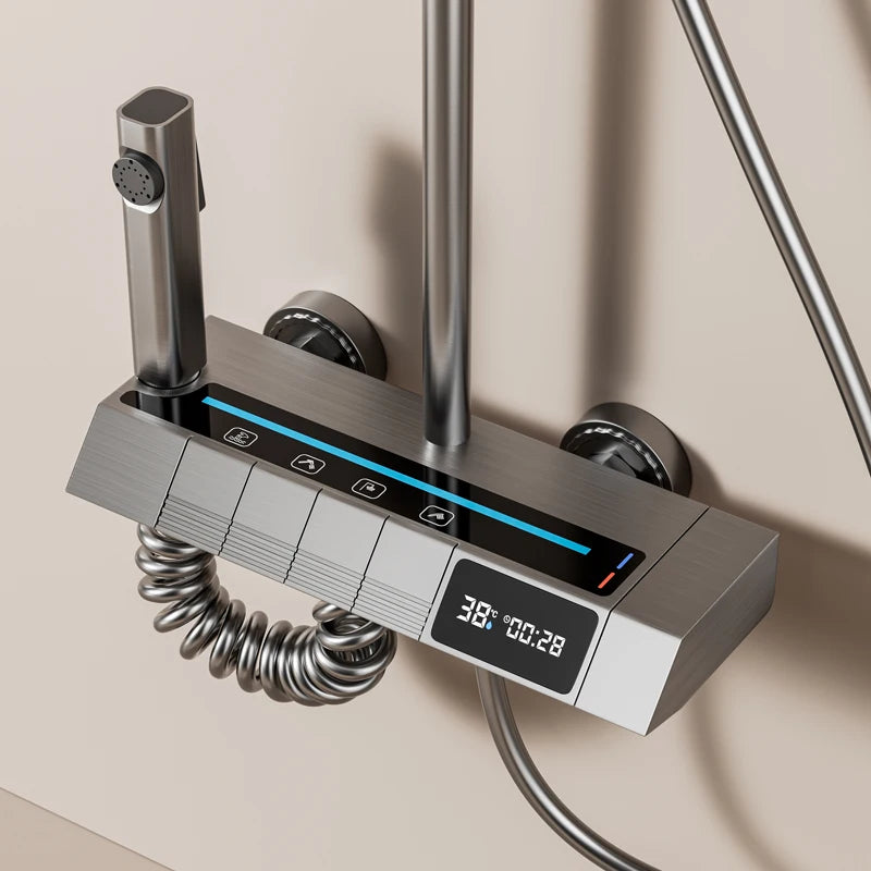 New Aluminum Intelligent Thermostatic Shower Set LED Digital Display Piano Keys Black Rainfall Bath Shower Faucet System Set