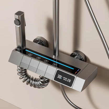 New Aluminum Intelligent Thermostatic Shower Set LED Digital Display Piano Keys Black Rainfall Bath Shower Faucet System Set
