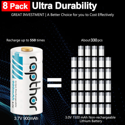 Rapthor 8 Pack 3.7V 900mAh Rechargeable CR123A Lithium Batteries with Charger Compatible with Arlo Cameras Flashlights Sensors