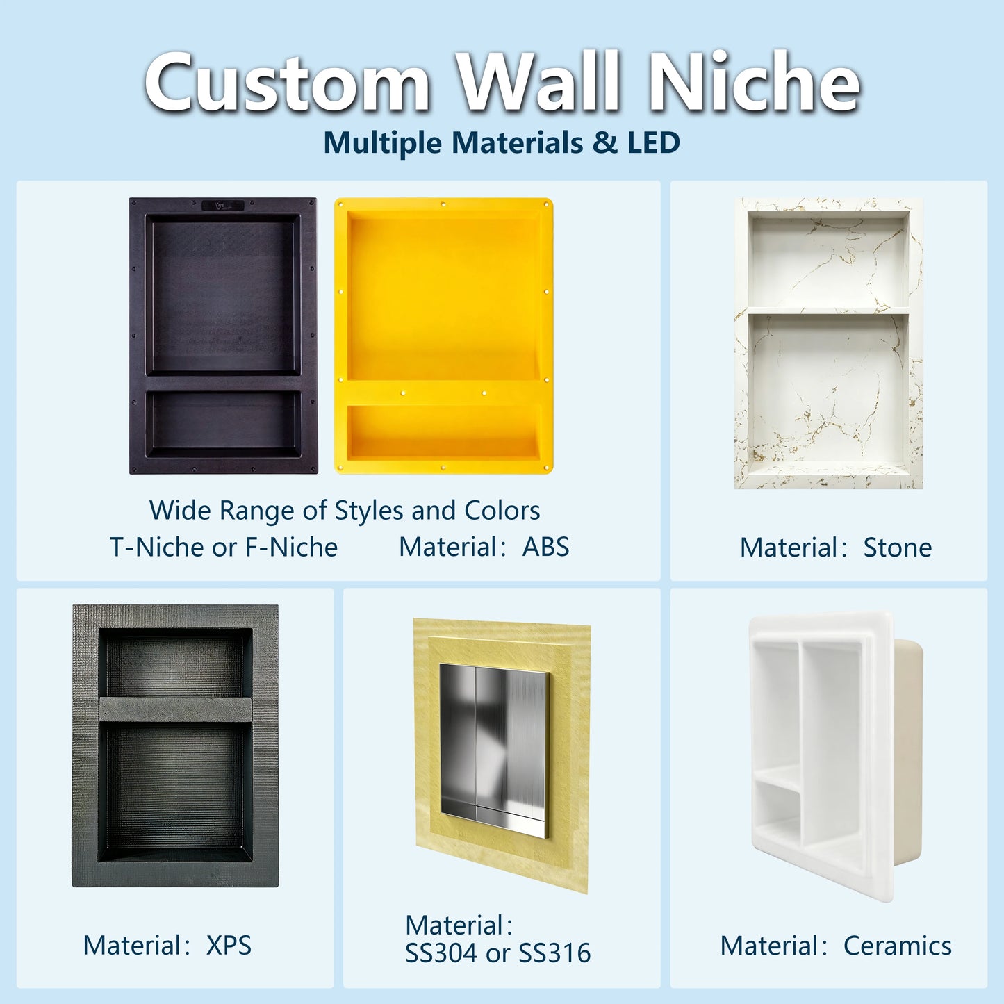 Modern Home Hotel Bathroom 16"x20" OEM Custom ABS Waterproof Recessed Double Compartment Tile-in Shower Storage Niche