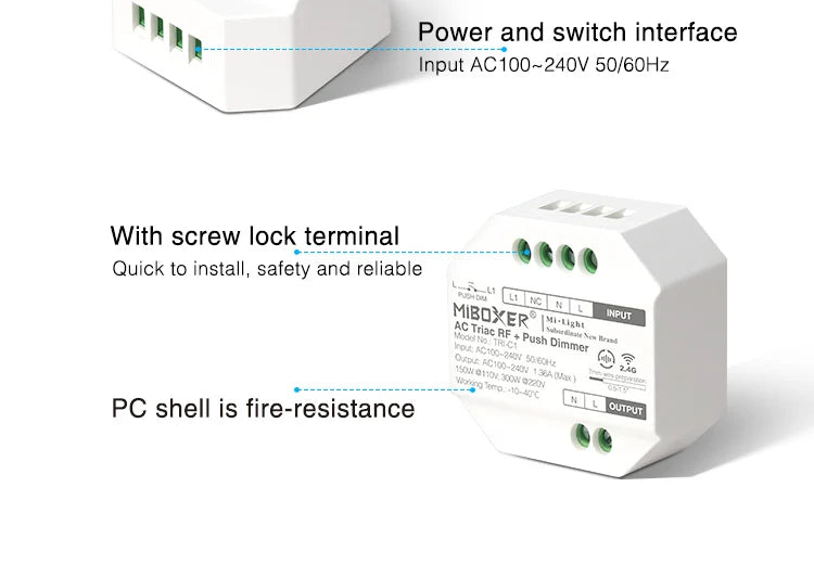 Miboxer TRI-C1 AC Triac Dimmer Single Color Controller 110-220V Push Dim Wall WiFi PWM RF Voice Control For Filament Lamp
