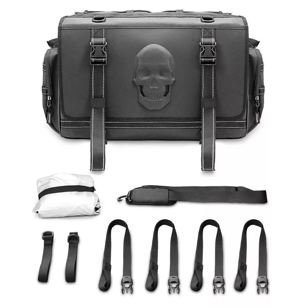 Rear Tail Seat Bag Black Retro Deluxe Roll Pannier Tool Bag for Motorcycle