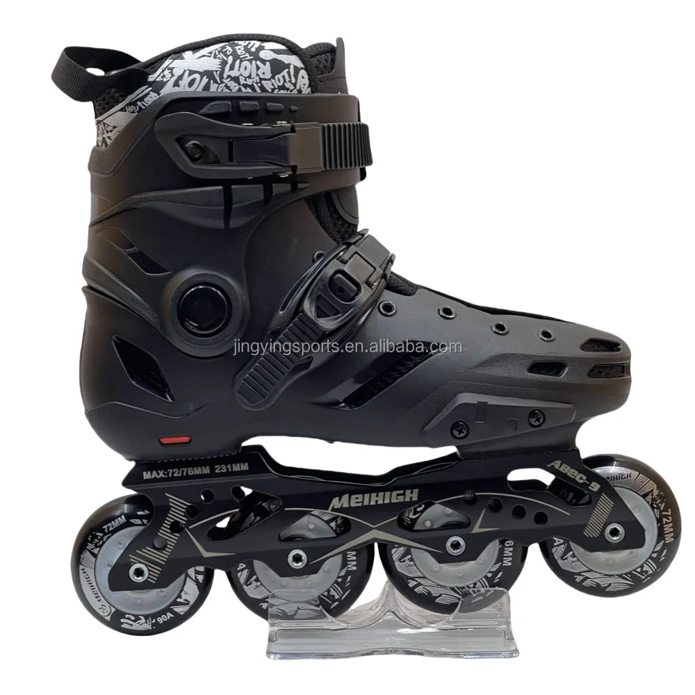 Jing Stock Urban Freestyle Slalom Black White 4 Wheels Hard Boot Roller Inline Skate for Adult