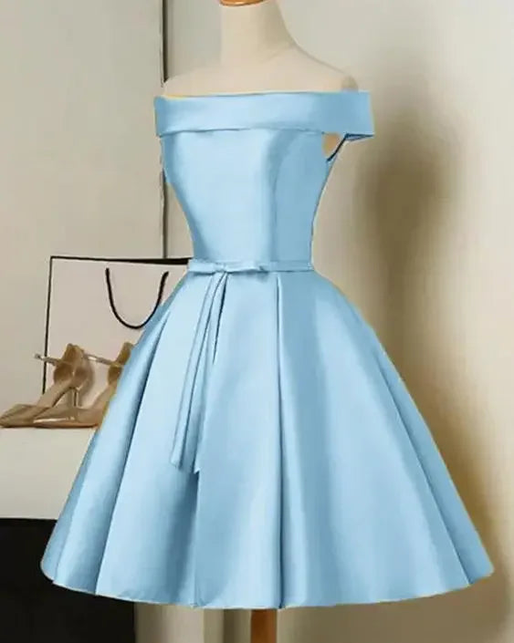 S-XXL Golden Off the Shoulder a Line Cocktail Dresses Lace up Satin Short Party Dresses Elegant Wedding Bridesmaid Evening Gown