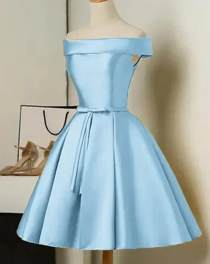 S-XXL Golden Off the Shoulder a Line Cocktail Dresses Lace up Satin Short Party Dresses Elegant Wedding Bridesmaid Evening Gown
