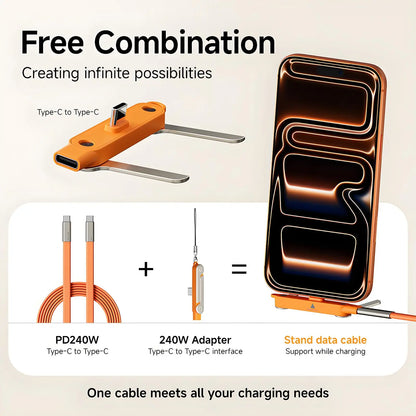 240W Fast Charging USB-C to Type-C Cable with Detachable Phone Stand Nylon & Silicone Material IOS Compatible