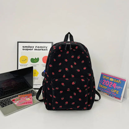 New Arrival  Strawberry Print Corduroy Travel Backpack Multifunction Custom Cute Girls Casual College School Backpacks