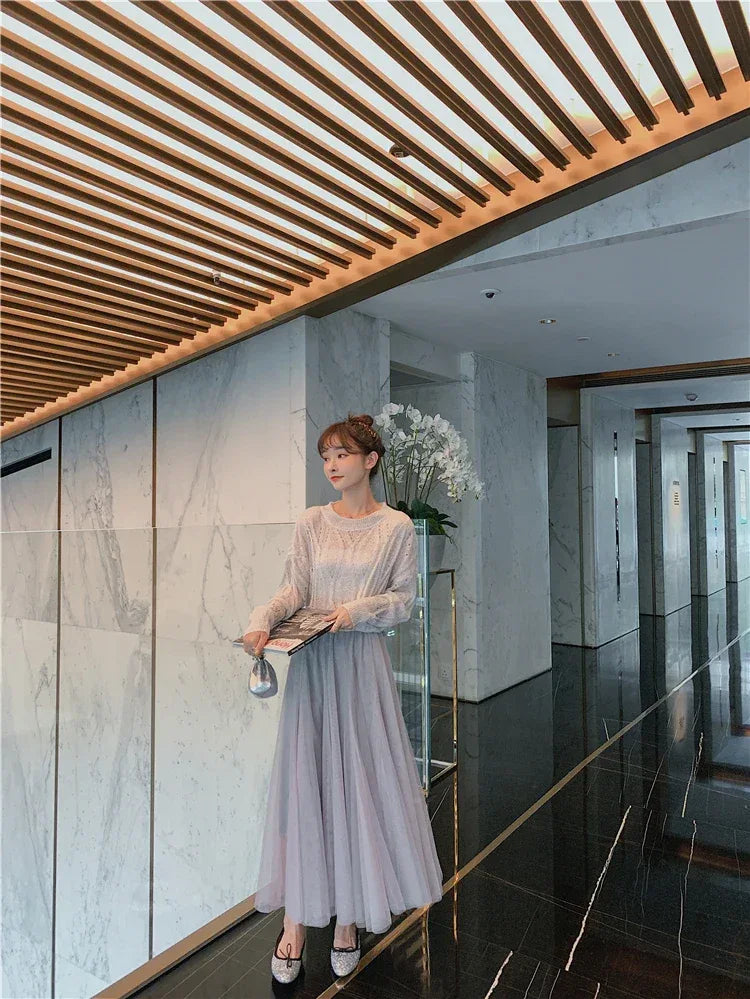 TingYiLi Elegant Tulle Skirt Autumn Winter Big Swing Women Skirt Korean Cute Pink Green Gray Blue Brown Black Long Skirt Tutu