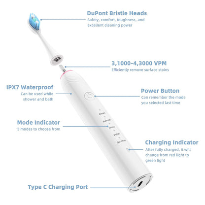 Ipx7 Adult Timer Oral Cleaning Whitening Teeth Brush Soft Bristle Sonic Electric Toothbrush