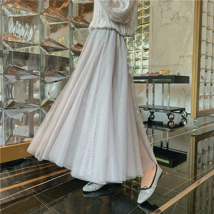 TingYiLi Elegant Tulle Skirt Autumn Winter Big Swing Women Skirt Korean Cute Pink Green Gray Blue Brown Black Long Skirt Tutu