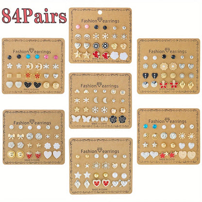 84Pairs Multi-style Stud Earrings for Women, Elegant Butterfly Strawberry Heart Daisy Flower Earrings, Multiple Month Design