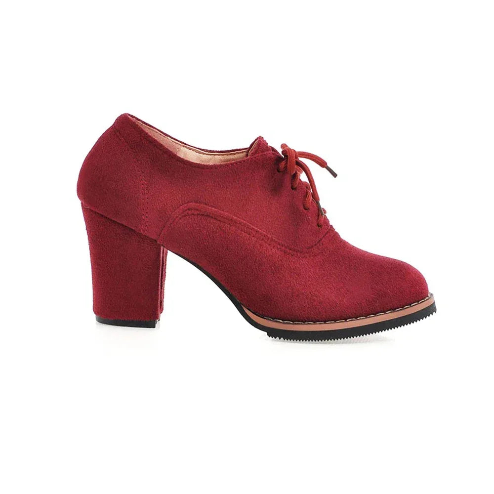 Vintage Women Lace Up Pumps Square Heel Round Toe High Heels British Style Oxfords Autumn Low Top Student Shoes Blue Booties 33
