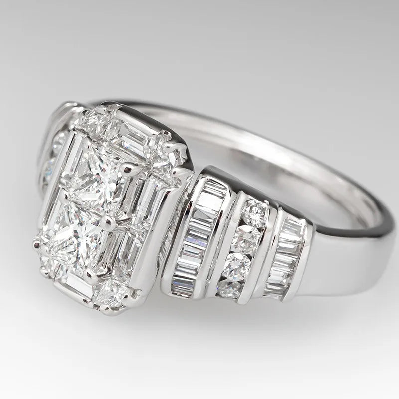 Rectangular Step Cut Womens Ring with Baguette Side Stones Elegant Fashion Jewelry