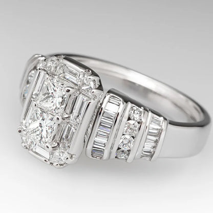 Rectangular Step Cut Womens Ring with Baguette Side Stones Elegant Fashion Jewelry