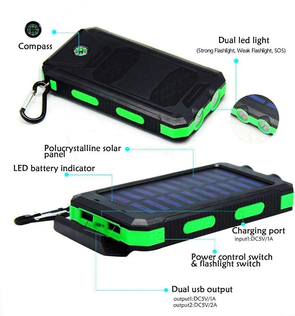 10000mah/20000mAh Fs-005 Waterproof Solar Panel Portable Power Bank Li-Polymer Battery Dual USB Cell Phone Charger