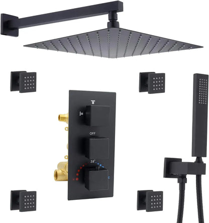 Luxury Matte Black Thermostatic Shower System Set, 12" Rainfall Shower Head with 4 Body Jets and Handheld Spray