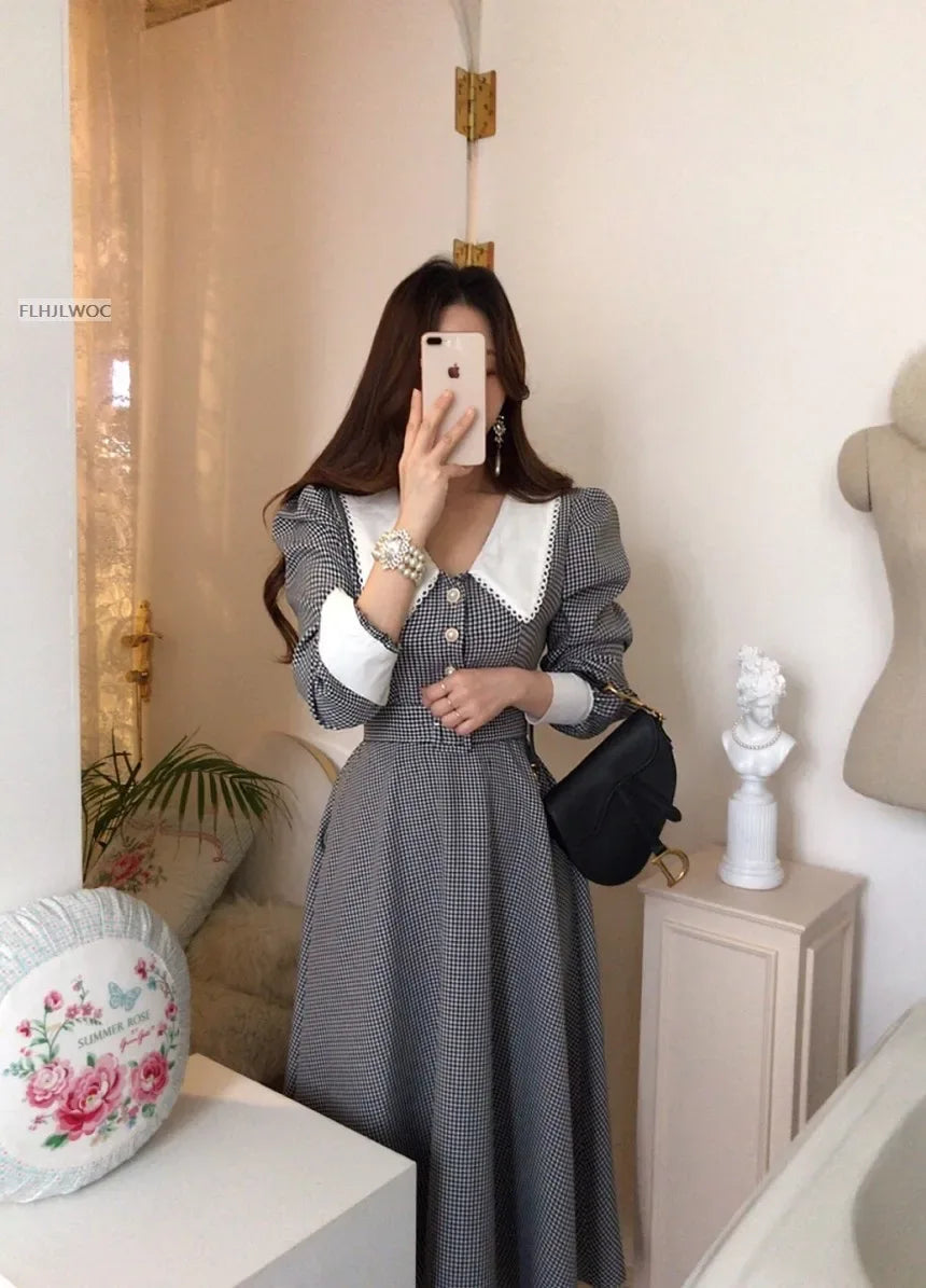 2021 Autumn Spring Basic Belt Plaid Shirt Dress Long Maxi Feminine Vestidos Chic Korea Design Clothes