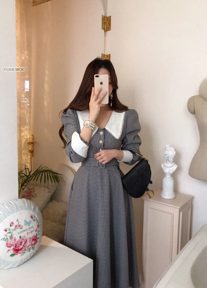 2021 Autumn Spring Basic Belt Plaid Shirt Dress Long Maxi Feminine Vestidos Chic Korea Design Clothes