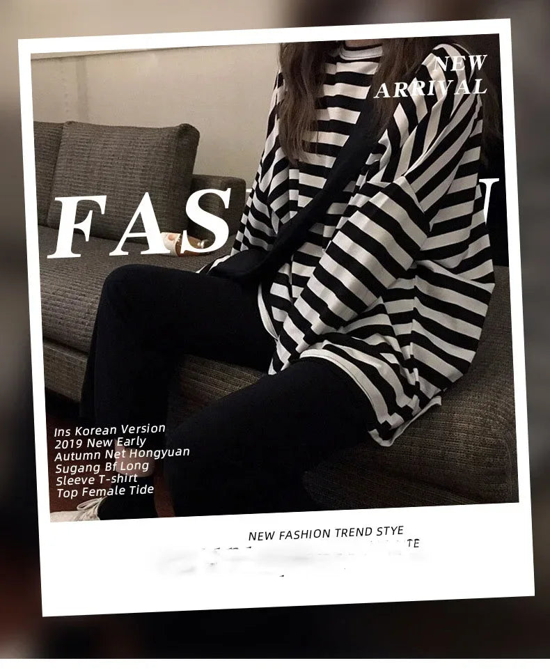 spring Autumn Women harajuku Striped Tshirt Long Sleeve O-Neck T-Shirts ulzzang Korean Casual  T Shirt Femme black Tops