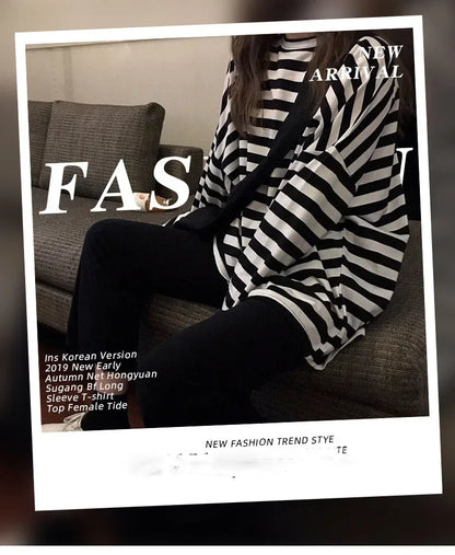 spring Autumn Women harajuku Striped Tshirt Long Sleeve O-Neck T-Shirts ulzzang Korean Casual  T Shirt Femme black Tops
